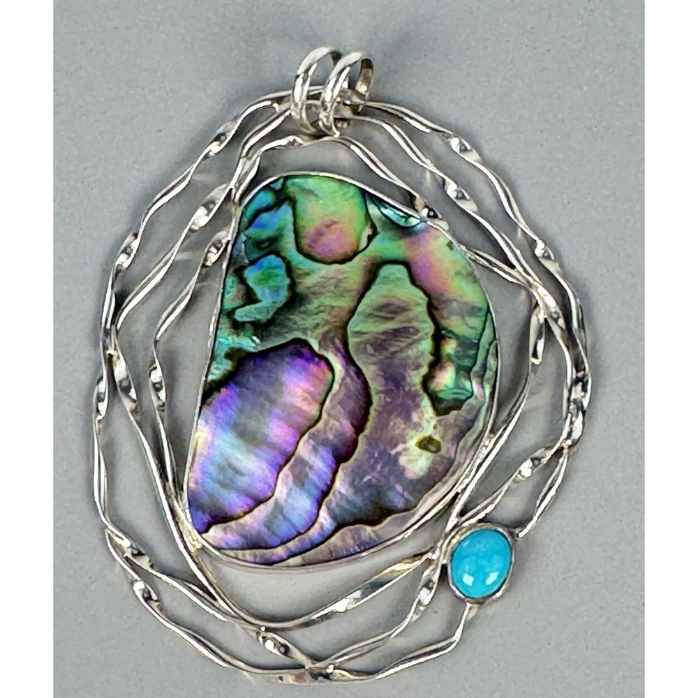 Bali 925 Sterling Silver Abalone Turquoise Statement Pendant 23.75g Large